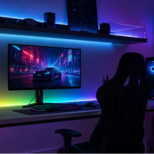 Cargar imagen en el visor de la galería, Espacio con escritorio gamer iluminado con cinta neón rgb luz indirecta multicolor