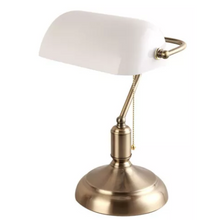 Cargar imagen en el visor de la galería, Lámpara portátil banquero con tulipa blanca y base color bronce sobre fondo blanco