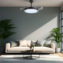 Cargar imagen en el visor de la galería, Ventilador de techo con aspas ocultas y luz LED cálida encendida, instalado en un living de estilo moderno.