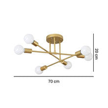 Cargar imagen en el visor de la galería, Detalle del plafón Sputnik dorado en metal con diseño radial de 6 luces