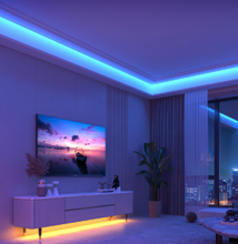 Cargar imagen en el visor de la galería, Living con luz indirecta de color iluminado con cinta neón rgb