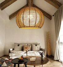 Cargar imagen en el visor de la galería, Colgante Viena Hilo Rattán  Redondo Con Globo Adentro Mas Pequeño 36cm E27
