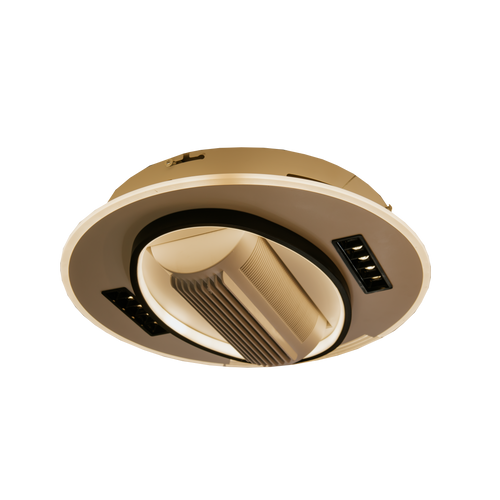 Ventilador de techo tipo plafón con luz LED variable encendida y diseño moderno sin aspas visibles.