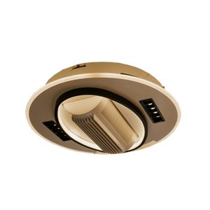 Ventilador de techo tipo plafón con luz LED variable encendida y diseño moderno sin aspas visibles.