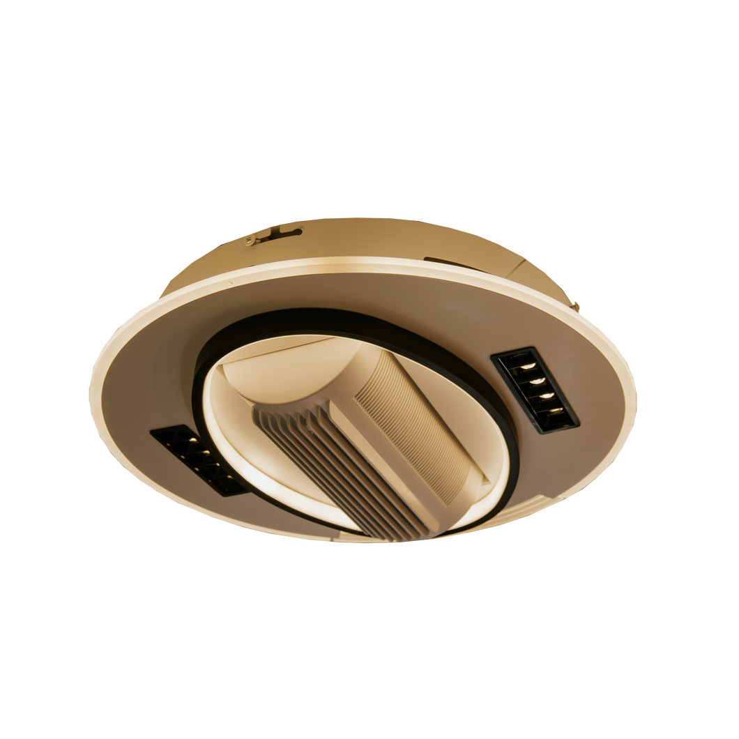 Ventilador de techo tipo plafón con luz LED variable encendida y diseño moderno sin aspas visibles.