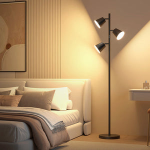 Lámpara de pie negra de 170 cm con tres bombillas LED, diseño moderno en hierro y acrílico.