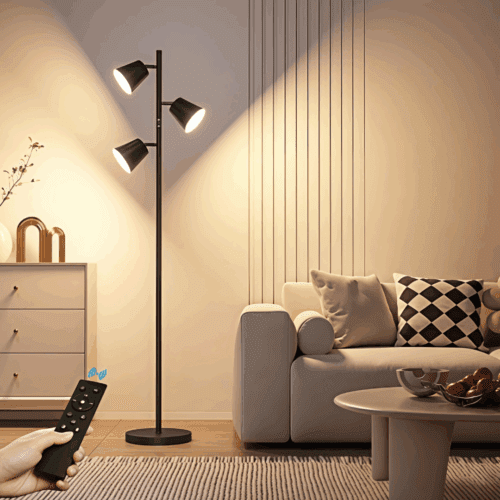 Lámpara de pie negra de 170 cm con tres bombillas LED, diseño moderno en hierro y acrílico.