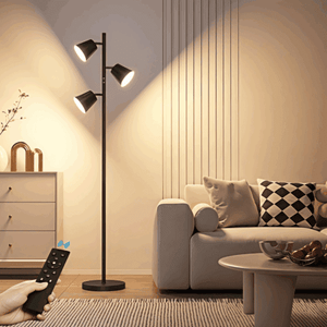 Lámpara de pie negra de 170 cm con tres bombillas LED, diseño moderno en hierro y acrílico.