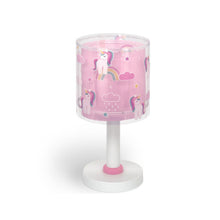 Cargar imagen en el visor de la galería, lámpara portátil infantil rosa con unicornios y doble pantalla, fluorescente sobre fondo blanco
