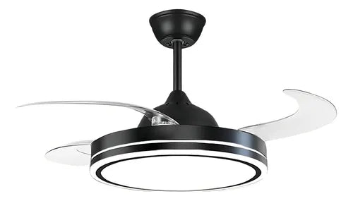 Ventilador de techo con aspas retráctiles ocultas y luz LED encendida, diseño moderno.